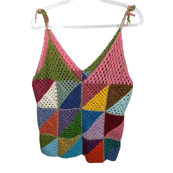 Rose Carmine Granny Square Crochet Multicolor Tank Top Tie Shoulder Cotton - Picture 2 of 9